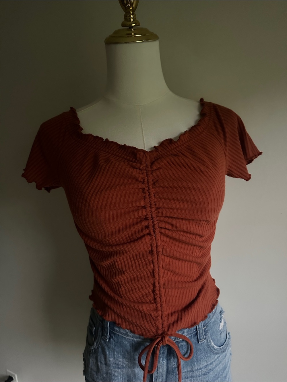 Fashion Nova Rust Ribbed Ruched Crop Top